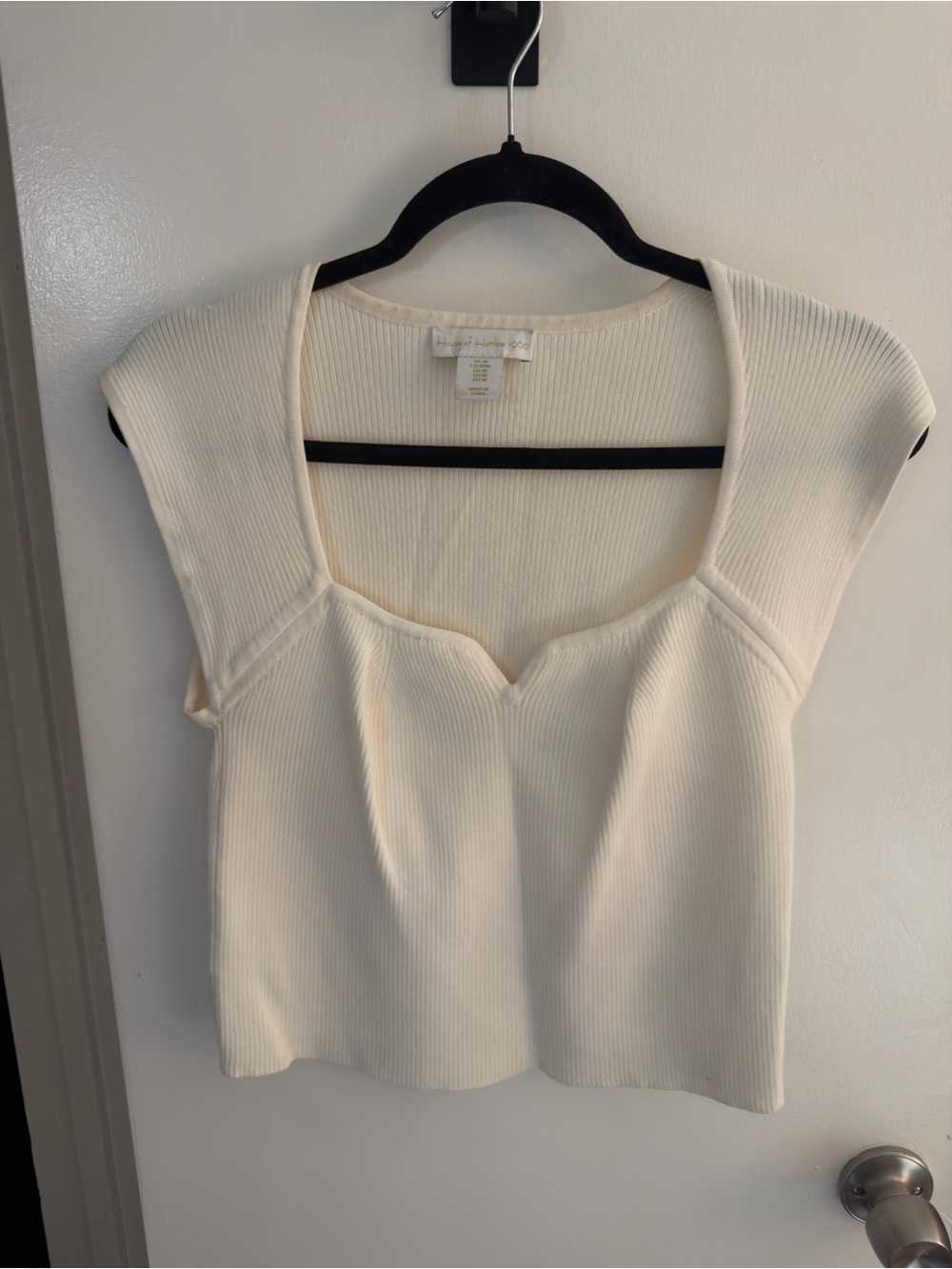 House of Harlow Cream Ribbed Square Neck Cap Sleeve Top